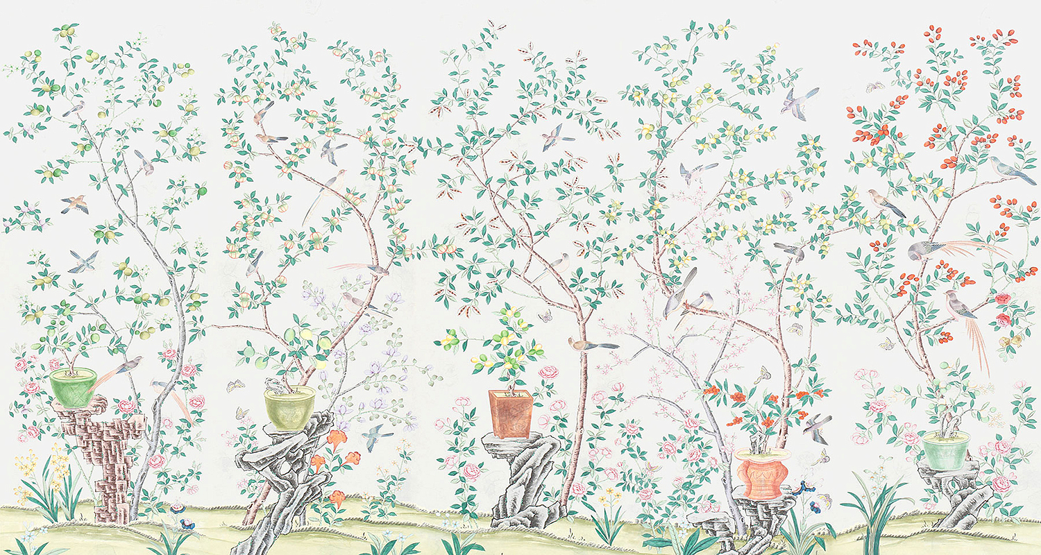 Обои ручная роспись Jardinieres & Citrus Trees Natural Mica Обои ручная роспись Jardinieres & Citrus Trees Natural Mica - Loft-Concept в Твери
