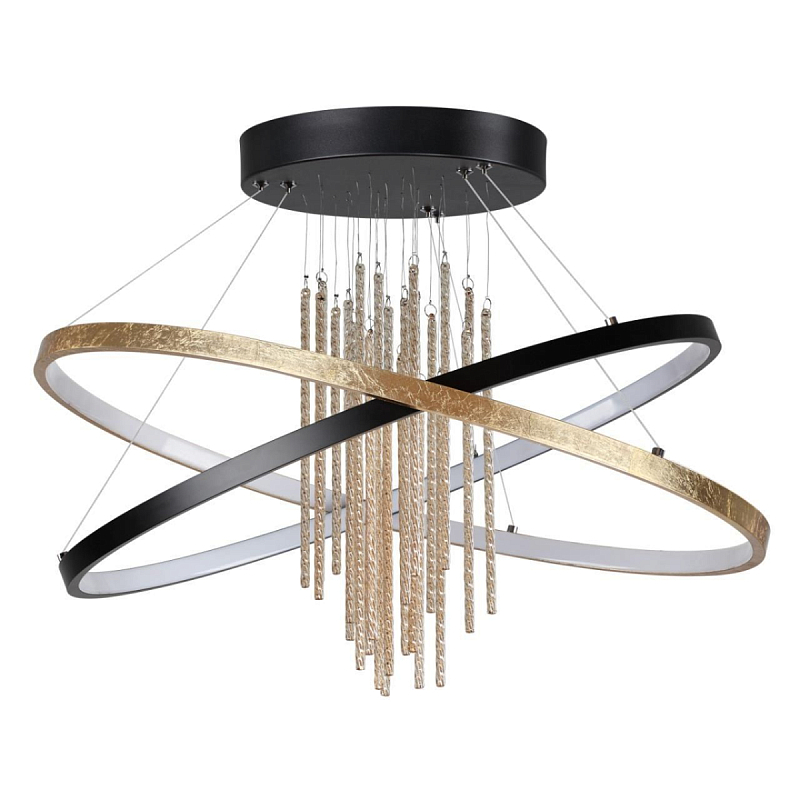 Люстра подвесная с 2-мя пересекающимися круглыми подвесами в черном и золотистом цвете и вертикальными подвесками Ring Horizontal Черный Золотой в Твери | Loft Concept 