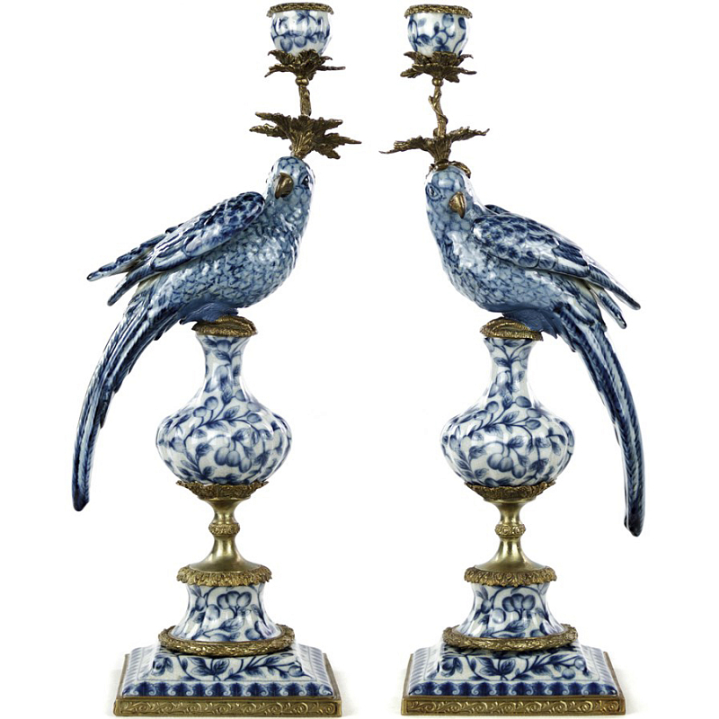 Подсвечник Blue and White Parrot Белый Синий Бронза Подсвечник Blue and White Parrot Белый Синий Бронза в Твери | Loft Concept
