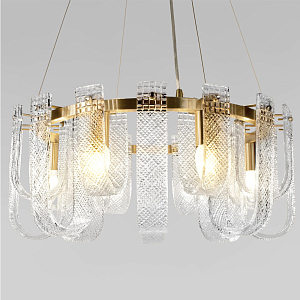 Люстра подвесная круглая с металлическим основанием золотого цвета и хрустальными подвесками Textured Glass Chandelier