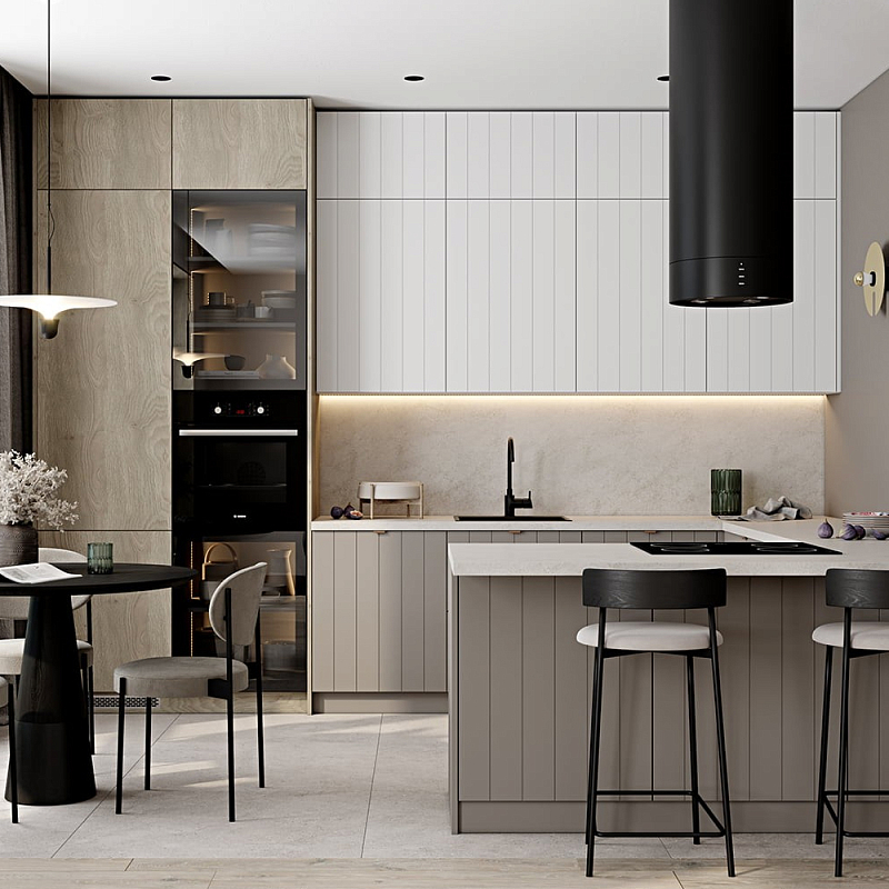 Кухонный гарнитур с фасадом в полоску Rainier Kitchen Set Серый Бежевый Белый Древесина Кухонный гарнитур с фасадом в полоску Rainier Kitchen Set Серый Бежевый Белый Древесина в Твери | Loft Concept