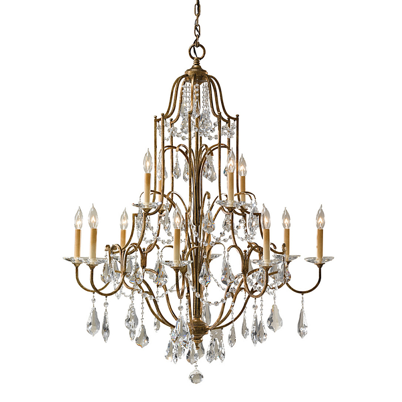 Люстра многоярусная с 12-ю лампами и стеклянными подвесками в классическом стиле Feiss Бронза Прозрачное Стекло в Твери | Loft Concept 