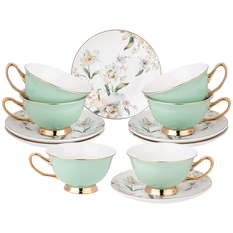 Чайный набор из фарфора на 6 персон Tea Porcelain Set Белый Золотой Зеленый Чайный набор из фарфора на 6 персон Tea Porcelain Set Белый Золотой Зеленый в Твери | Loft Concept