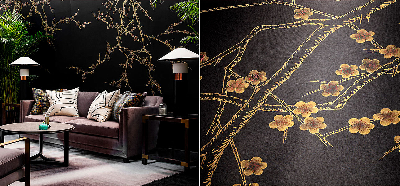 Обои ручная роспись Plum Blossom Colourway SC-226 on black painted silk Обои ручная роспись Plum Blossom Colourway SC-226 on black painted silk - Loft-Concept в Твери