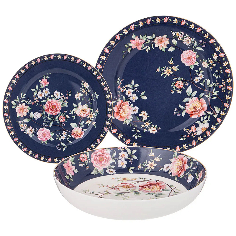 Набор посуды обеденный из фарфора на 6 персон 18 предметов Flower Porcelain Collection Синий Красный Зеленый Набор посуды обеденный из фарфора на 6 персон 18 предметов Flower Porcelain Collection Синий Красный Зеленый в Твери | Loft Concept