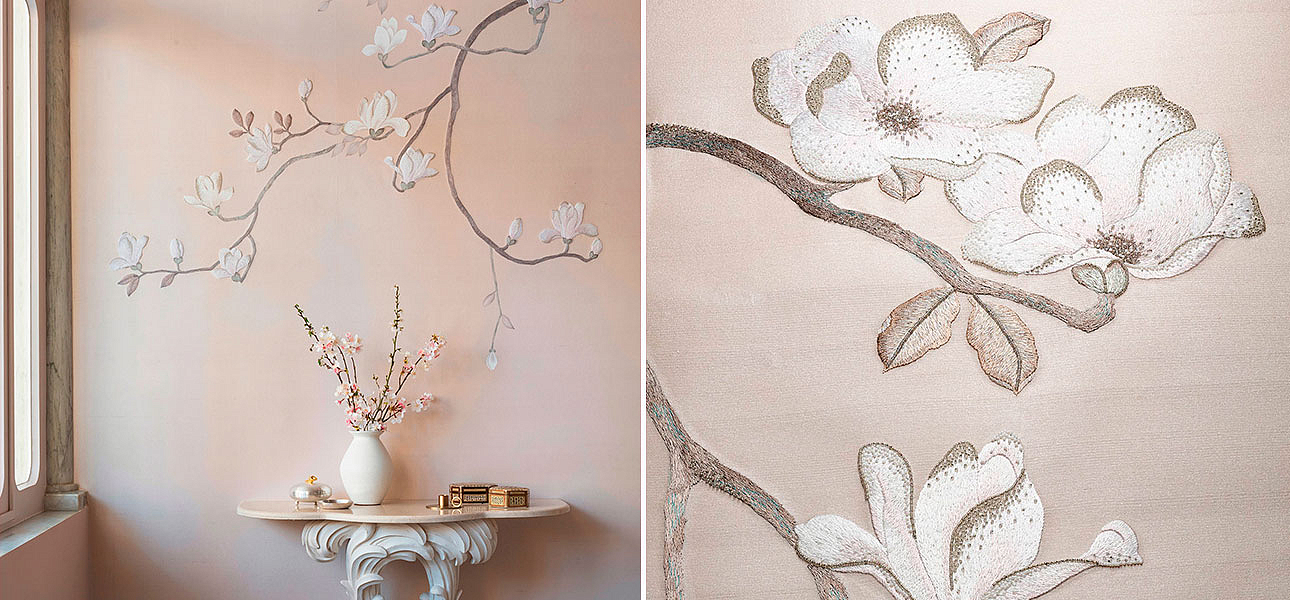 Обои Magnolia Canopy Original colourway on Rose Water metallic slub silk - Loft-Concept в Твери