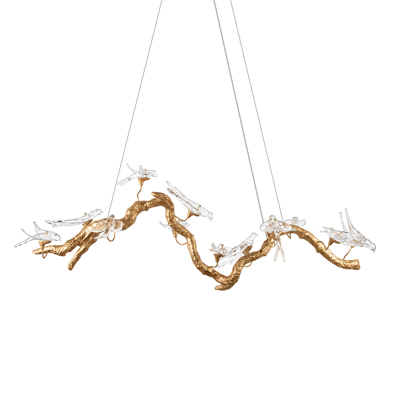 Люстра подвесная линейная с прозрачными стеклянными птичками на ветвях Serip Voa Медь Прозрачное Стекло в Твери | Loft Concept 
