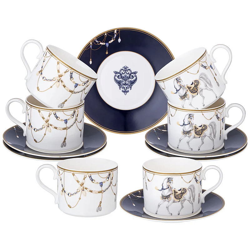 Чайный набор из фарфора с изображением лошадей на 6 персон 12 предметов Porcelain Horse Set Белый Синий Чайный набор из фарфора с изображением лошадей на 6 персон 12 предметов Porcelain Horse Set Белый Синий в Твери | Loft Concept