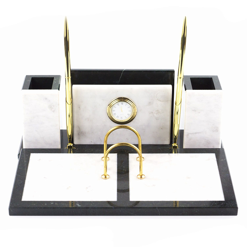 Настольный письменный набор из белого мрамора с часами Marble Accessory Белый Черный Настольный письменный набор из белого мрамора с часами Marble Accessory Белый Черный в Твери | Loft Concept