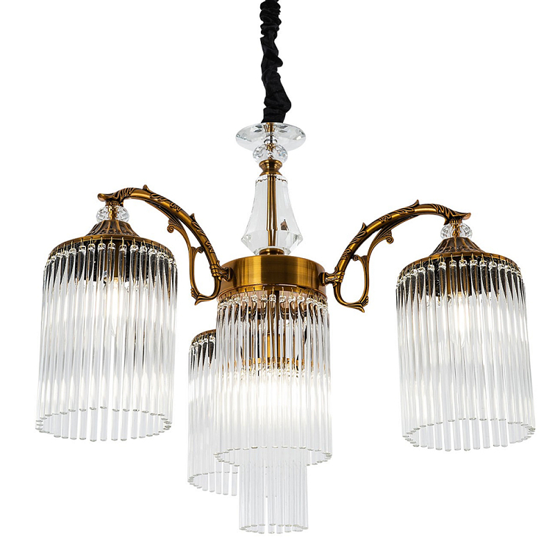 Подвесная люстра с плафонами с виде трубчатых хрустальных подвесок Cadice Chandelier Латунь Прозрачное Стекло в Твери | Loft Concept 