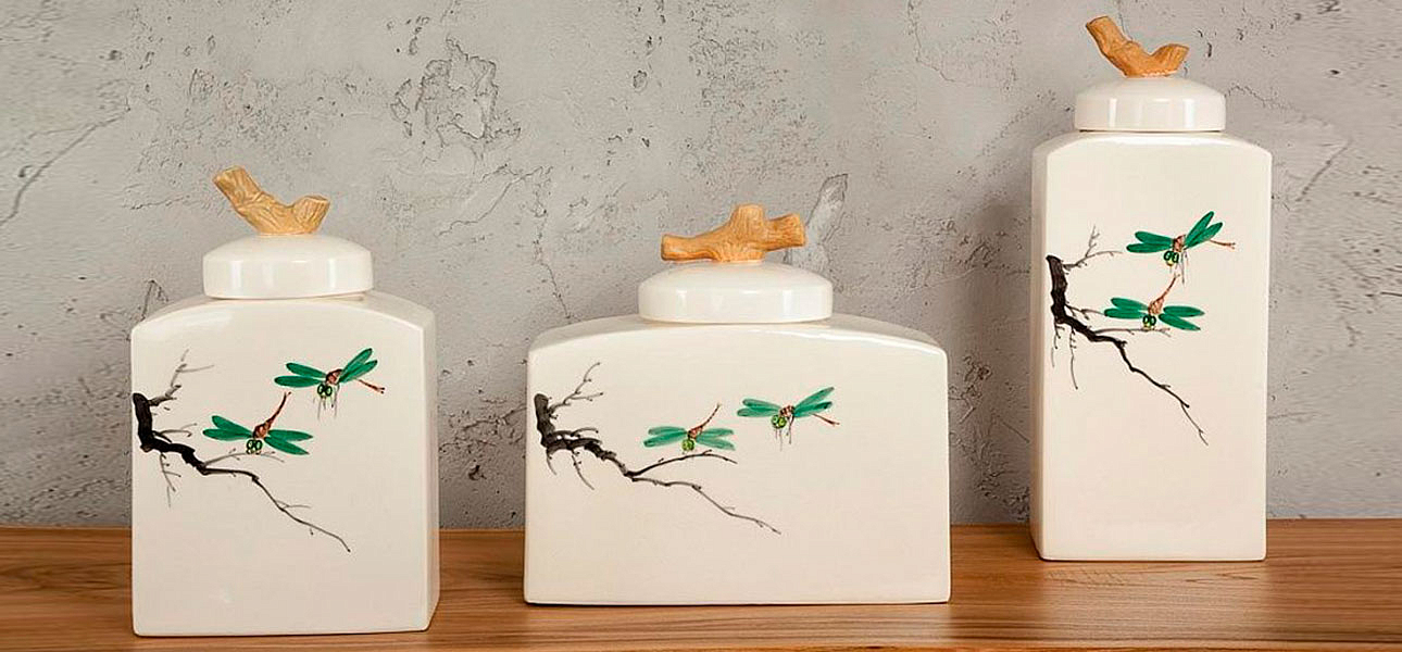 Ваза низкая с крышкой керамическая стрекоза Ornament Ваза низкая с крышкой керамическая стрекоза Ornament - Loft-Concept в Твери