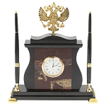 Часы настольные с Гербом России и 2-мя шариковыми ручками в комплекте Stone Clock варинант исполнения - 5 | Loft Concept в Твери