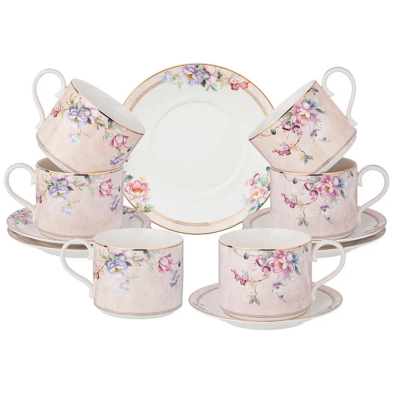 Чайный набор из фарфора с цветочным принтом на 6 персон 12 предметов Flower Porcelain Collection Розовый Мульти в Твери | Loft Concept 