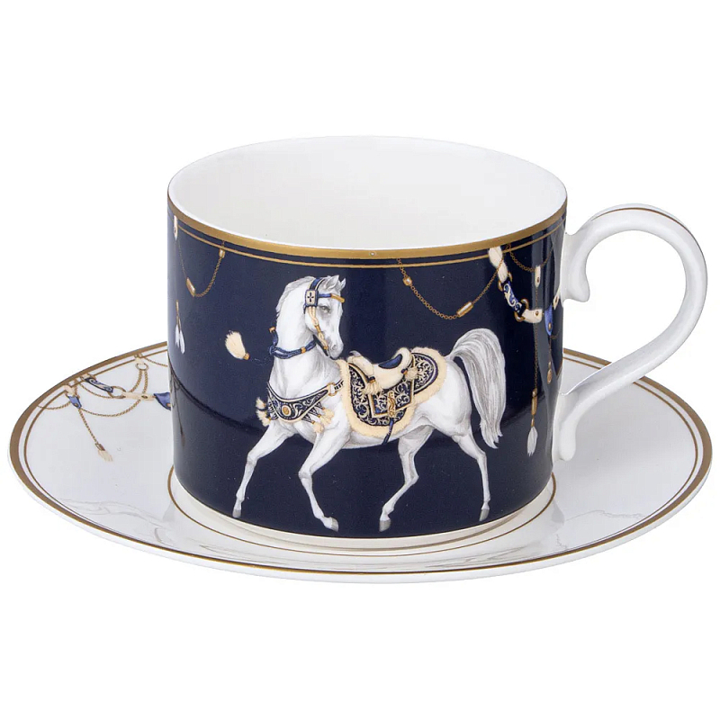 Чайная пара из фарфора с изображением лошади 300 мл Porcelain Horse Set  Белый Синий Золотой в Твери | Loft Concept 