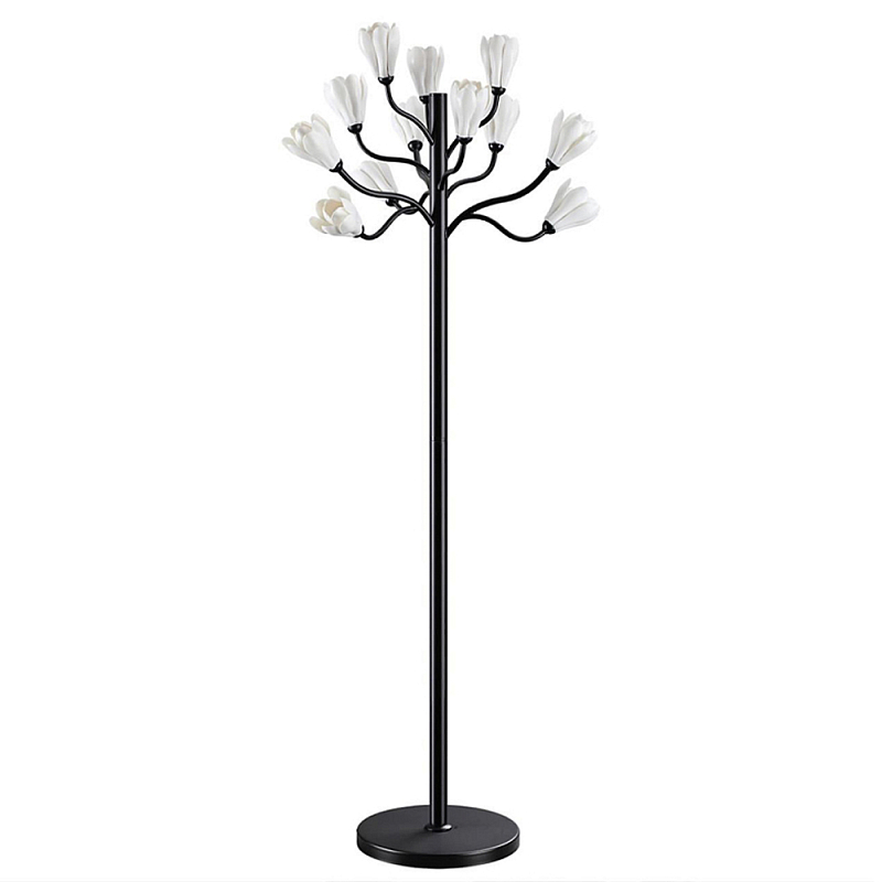 Торшер с плафонами из белых фарфоровых цветов на изогнутых ветвях Floralis Черный Белый в Твери | Loft Concept 