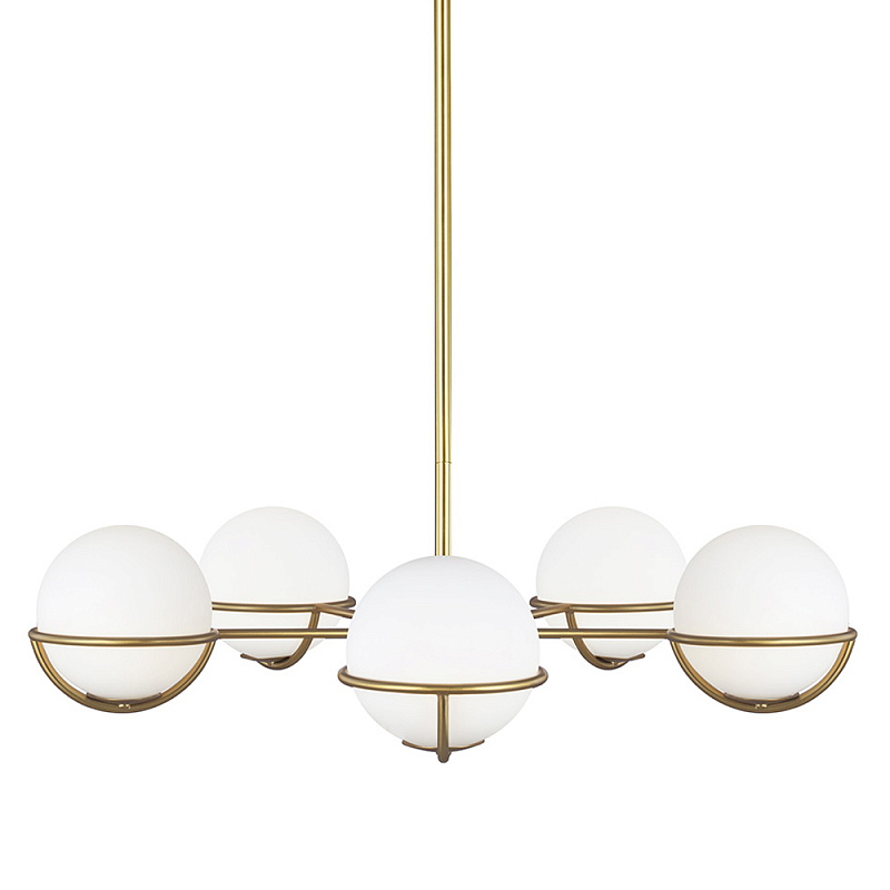 Люстра с 5-ю белыми шарообразными плафонами в сферические каркасах Feiss Латунь Белый в Твери | Loft Concept 
