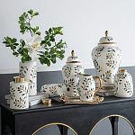 Ваза белая с крышкой с рисунком зеленых и золотых листьев 48 см Chinoiserie Ceramics варинант исполнения - 5 | Loft Concept в Твери