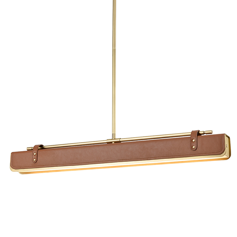 Подвесной светильник линейный латунного цвета в кожаном коричневом чехле и декоративными ремешками Alora Латунь Коричневый в Твери | Loft Concept 