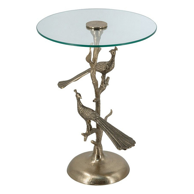 Столик с круглой стеклянной столешницей и корпусом в виде двух павлинов на ветке Table Two Peacocks Золотой Прозрачный в Твери | Loft Concept 