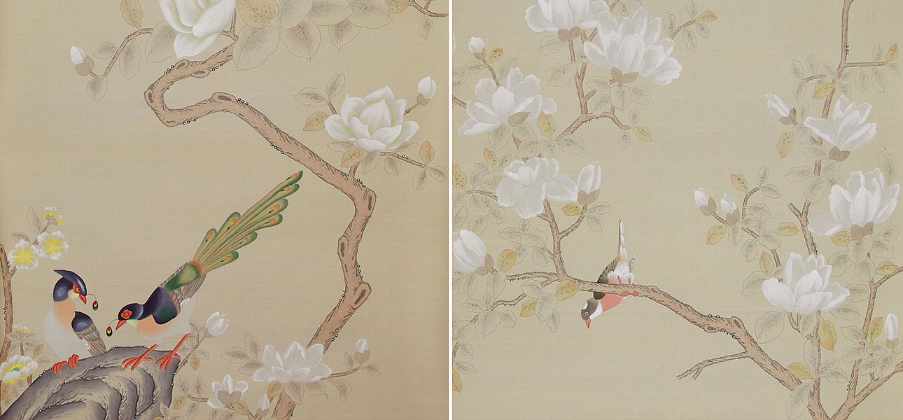 Обои ручная роспись Japanese Garden Special Colourway on Faint Gold metallic silk Обои ручная роспись Japanese Garden Special Colourway on Faint Gold metallic silk - Loft-Concept в Твери