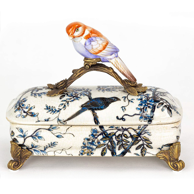 Шкатулка Box Blue Ornament with Bird Белый Бронза Синий Шкатулка Box Blue Ornament with Bird Белый Бронза Синий в Твери | Loft Concept