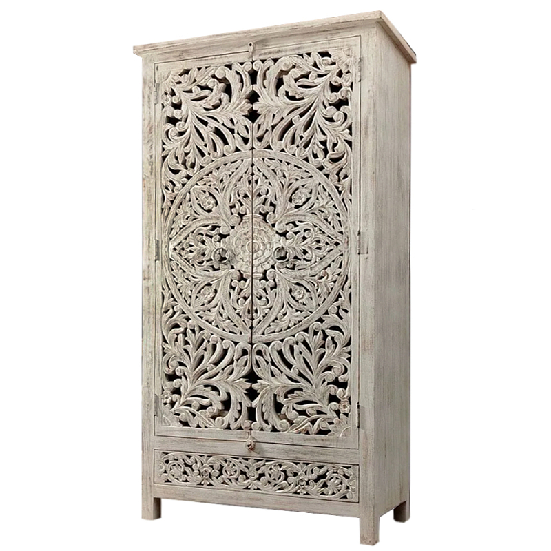 Шкаф с орнаментом ручная резьба из дерева Indian Antique Furniture  Серый в Твери | Loft Concept 