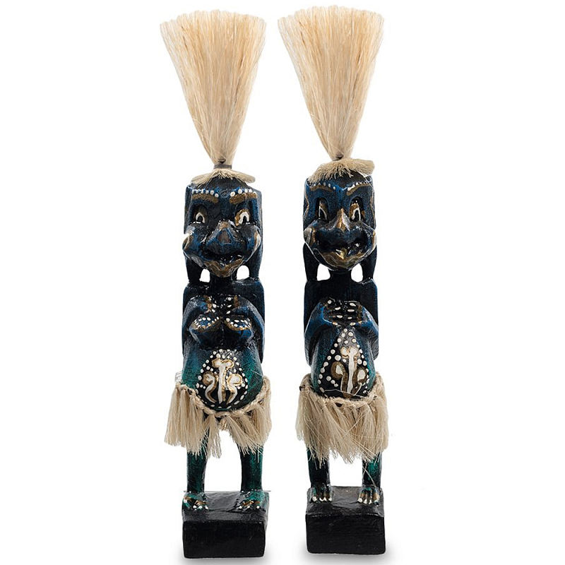 Комплект из 2-х деревянных статуэток Asmat Straw Headdress Statuettes Dark Blue Темно-синий Бирюзовый Черный Бежевый Комплект из 2-х деревянных статуэток Asmat Straw Headdress Statuettes Dark Blue Темно-синий Бирюзовый Черный Бежевый в Твери | Loft Concept