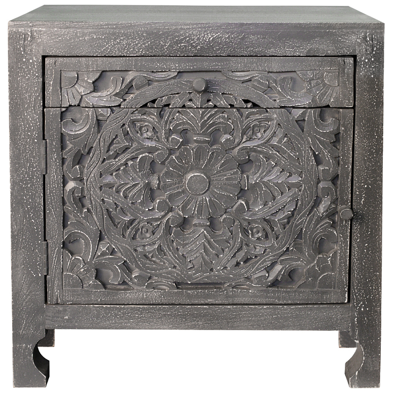 Деревянная тумба с резными ящиком и дверцей Azure Grey Wooden Nightstand Серый Деревянная тумба с резными ящиком и дверцей Azure Grey Wooden Nightstand Серый в Твери | Loft Concept