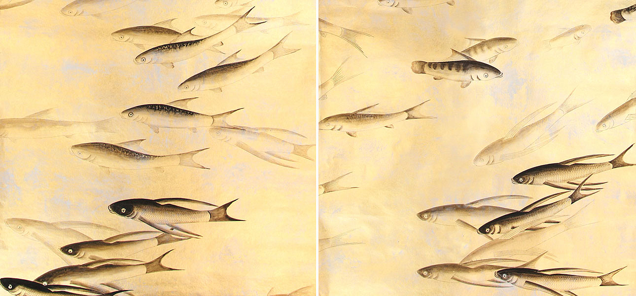 Обои ручная роспись Fishes Original colourway on Deep Rich Gold gilded paper with d?sargenter pearlescent antiquing Обои ручная роспись Fishes Original colourway on Deep Rich Gold gilded paper with d?sargenter pearlescent antiquing - Loft-Concept в Твери