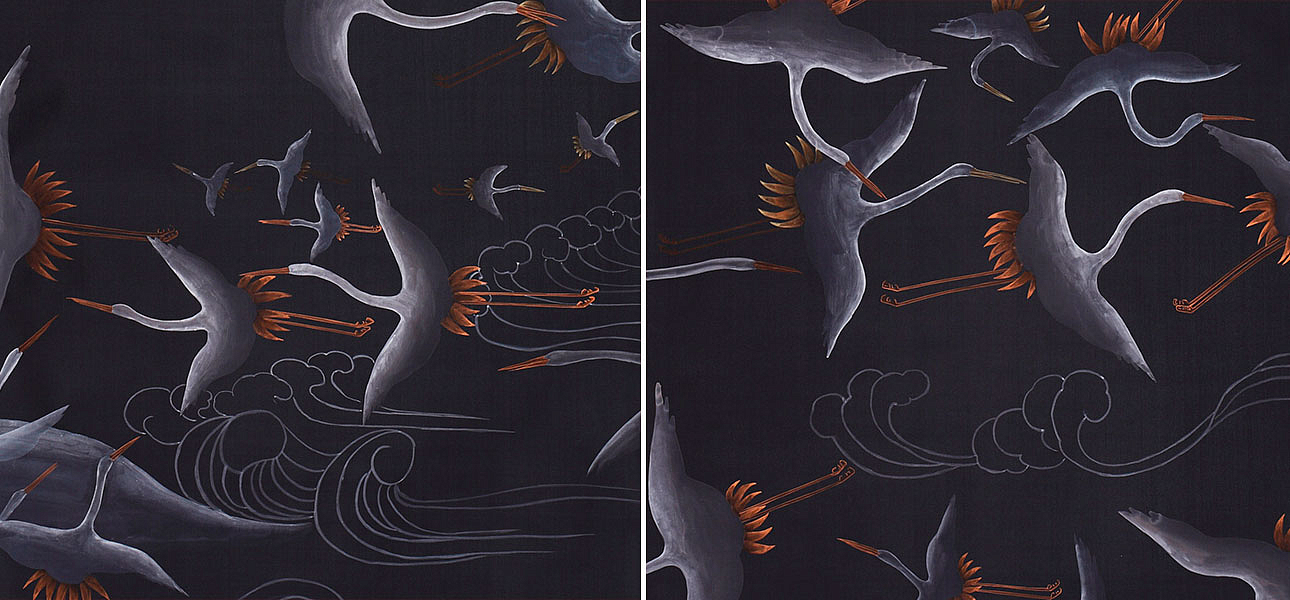 Обои ручная роспись Cranes Scroll Limewash on Pitch dyed silk Обои ручная роспись Cranes Scroll Limewash on Pitch dyed silk - Loft-Concept в Твери