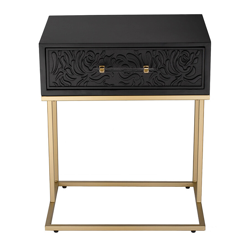 Приставной столик с резным узором на выдвижном ящике Black Table Carved Pattern Черный Золотой в Твери | Loft Concept 