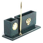 Настольный письменный набор с гербом России и часами из природного камня змеевик Successful Leader варинант исполнения - 2 | Loft Concept в Твери