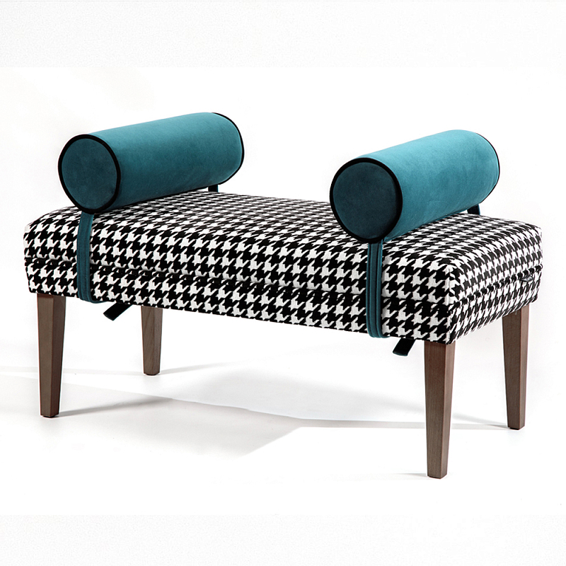 Банкетка Banquette PIED DE POULE с принтом гусиная лапка и синими подлокотниками  Черно-белый Синий в Твери | Loft Concept 