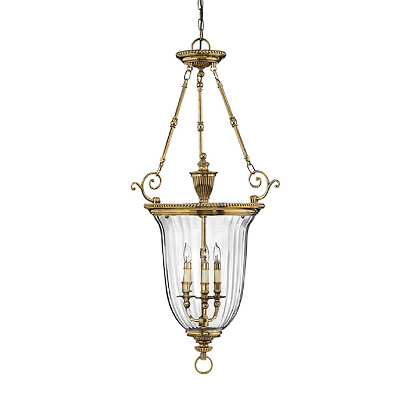 Подвесной светильник латунный с рифленым прозрачным плафоном и тремя свечеподобными лампами в классическом стиле Hinkley Латунь Прозрачное Стекло в Твери | Loft Concept 