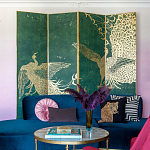 Обои ручная роспись в стиле Арт-деко Whistler Peacocks Original colourway on green painted silk варинант исполнения - 1 | Loft Concept в Твери