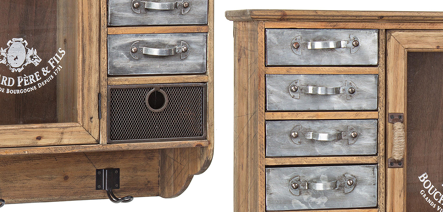 Полка в винтажном стиле с витриной и металлическими выдвижными ящиками Vintage Wood Shelf Полка в винтажном стиле с витриной и металлическими выдвижными ящиками Vintage Wood Shelf - Loft-Concept в Твери