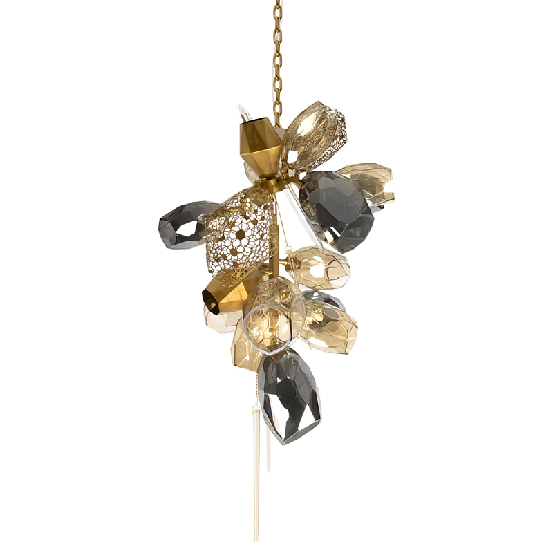 Люстра подвесная вытянутой формы с плафонами из стекла и металла с тремя вертикальными подвесками Gilded Mirage  Дымчатый (Smoke) Золотой Прозрачный в Твери | Loft Concept 