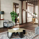 Дизайнерский журнальный стол округлой формы чёрный с золотой столешницей Fufem варинант исполнения - 3 | Loft Concept в Твери