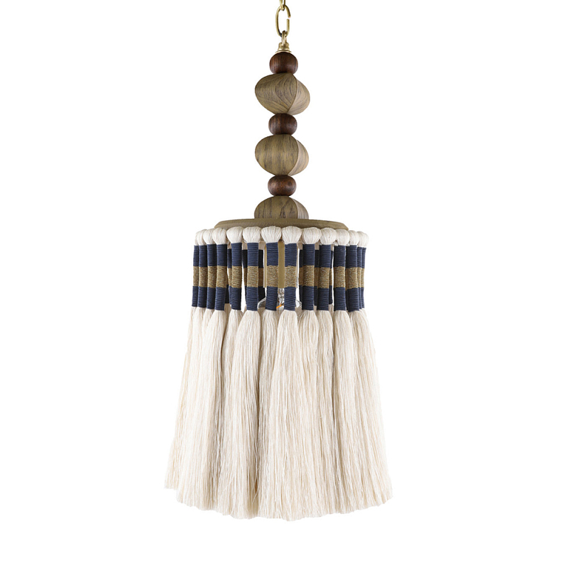 Подвесной светильник с подвесом из деревянных бусин и абажуром из кисточек Аmbiance Кремовый Синий Коричневый в Твери | Loft Concept 