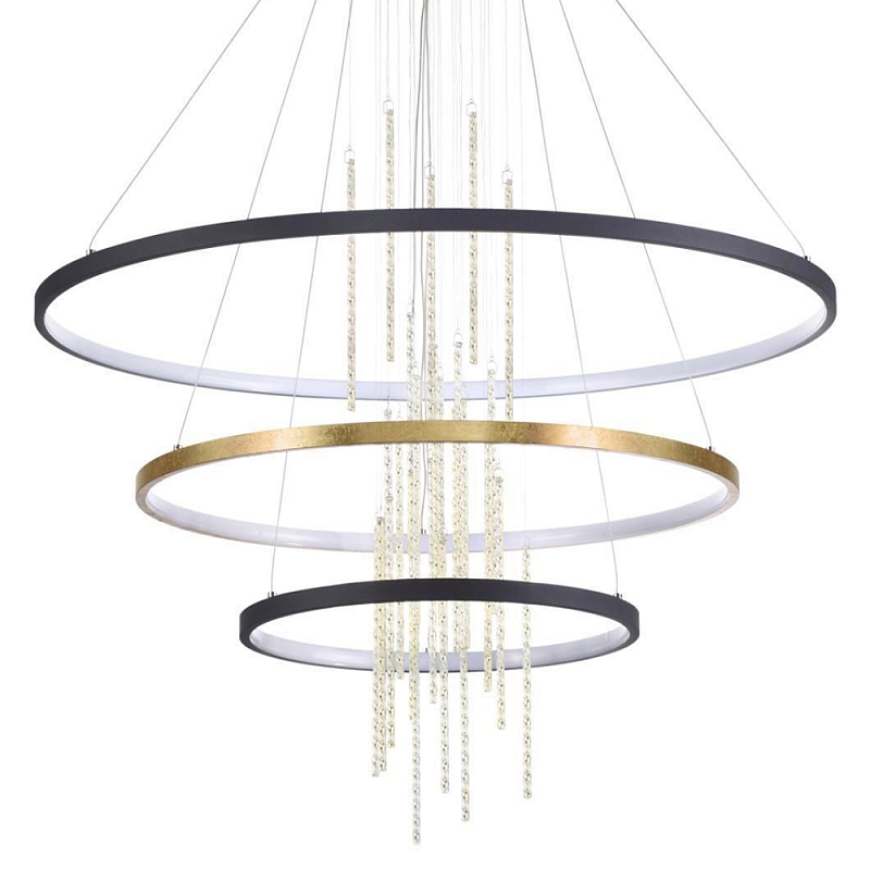 Люстра подвесная с 3-мя круглыми подвесами в черном и золотистом цвете и вертикальными подвесками Ring Horizontal Черный Золотой в Твери | Loft Concept 