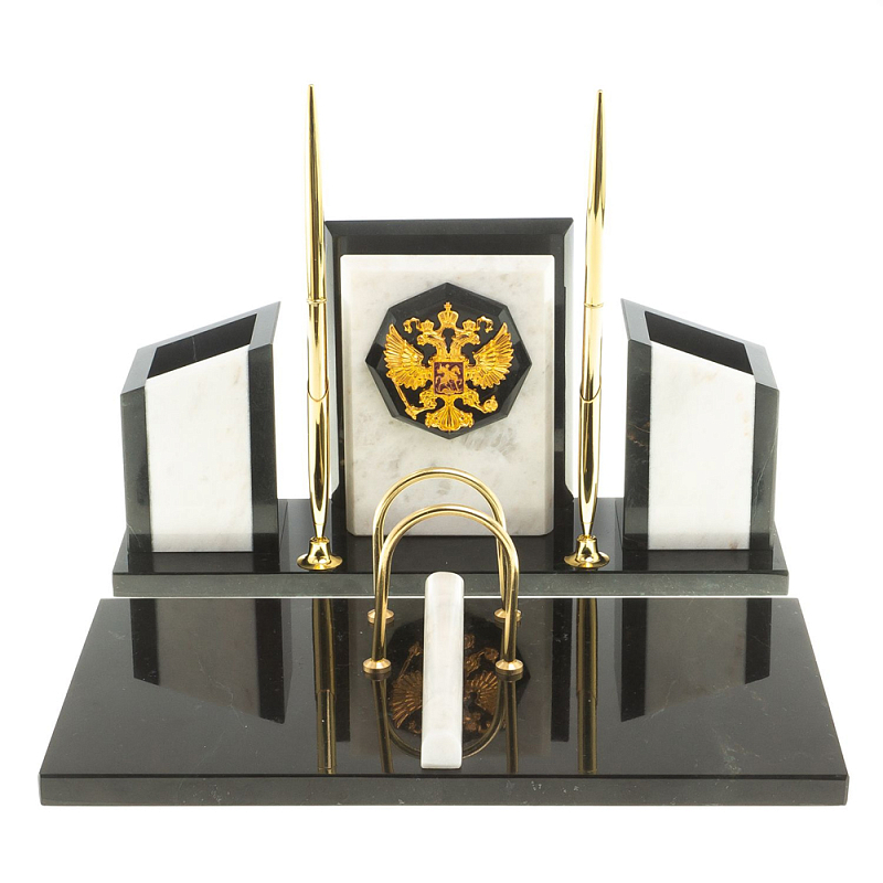 Настольный письменный набор из мрамора и змеевика с гербом России Marble Accessory Белый Черный в Твери | Loft Concept 