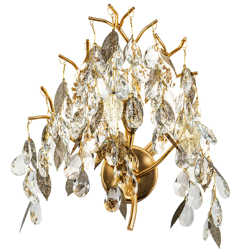 Бра с хрустальными подвесками и металлическими в виде листьев Fairytree Light Sconce Прозрачное Стекло Золотой Бра с хрустальными подвесками и металлическими в виде листьев Fairytree Light Sconce Прозрачное Стекло Золотой в Твери | Loft Concept