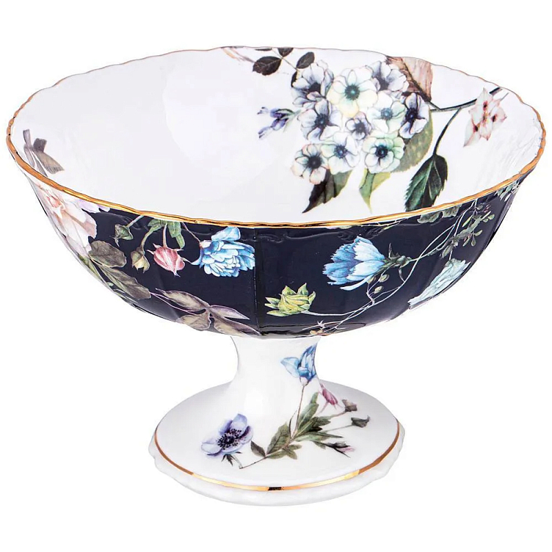 Ваза фарфоровая на ножке с рисунком цветов Garden Whisper Porcelain Set  Белый Темно-синий Мульти в Твери | Loft Concept 