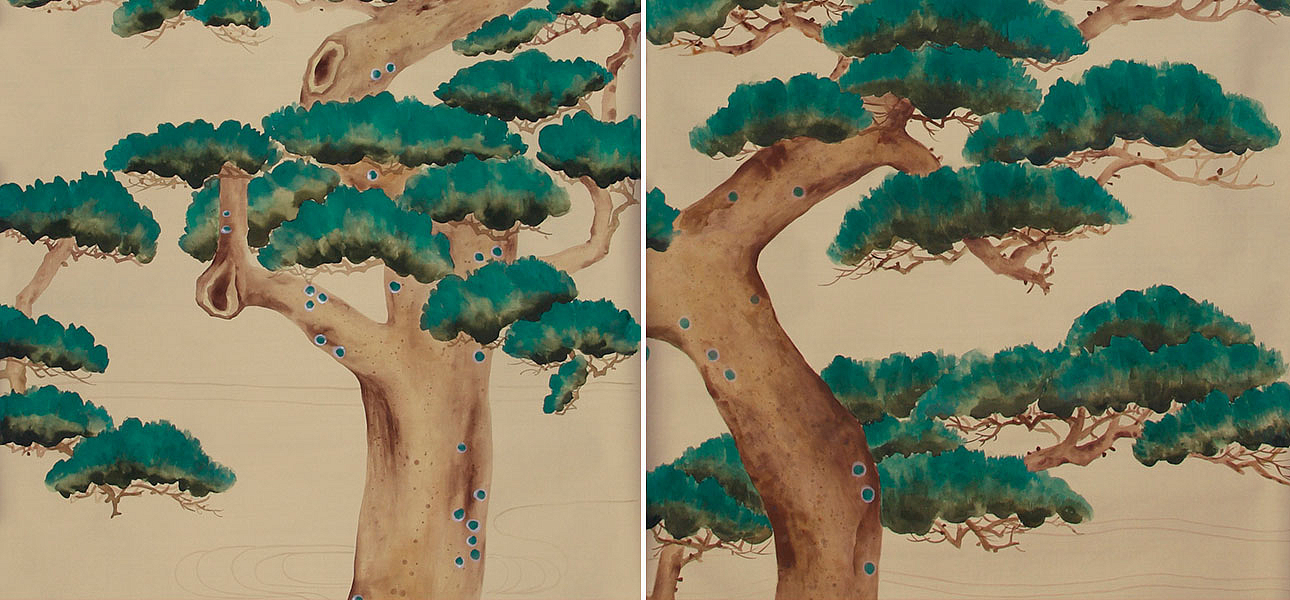 Обои ручная роспись Pine Trees Original colourway on New Faint Gold metallic silk Обои ручная роспись Pine Trees Original colourway on New Faint Gold metallic silk - Loft-Concept в Твери