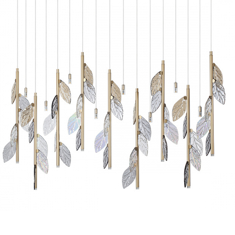 Люстра с золотистыми трубками и прозрачными стеклянными листьями на подвесах Sylva  матовое золото Дымчатый (Smoke) Прозрачное Стекло в Твери | Loft Concept 