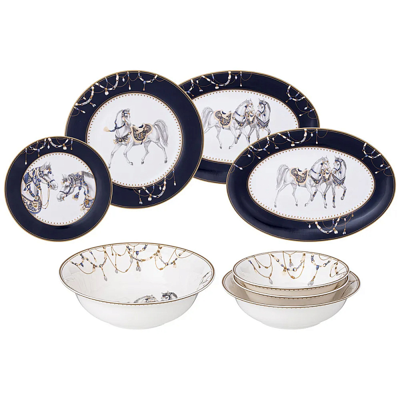 Сервиз обеденный из фарфора с изображением лошадей на 6 персон 23 предмета Porcelain Horse Set Белый Синий Сервиз обеденный из фарфора с изображением лошадей на 6 персон 23 предмета Porcelain Horse Set Белый Синий в Твери | Loft Concept