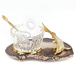 Икорница с ложкой с декором "Кадушка" с гравировкой на подставке из натурального камня Агат Decorative Cavair Dishes варинант исполнения - 1 | Loft Concept в Твери