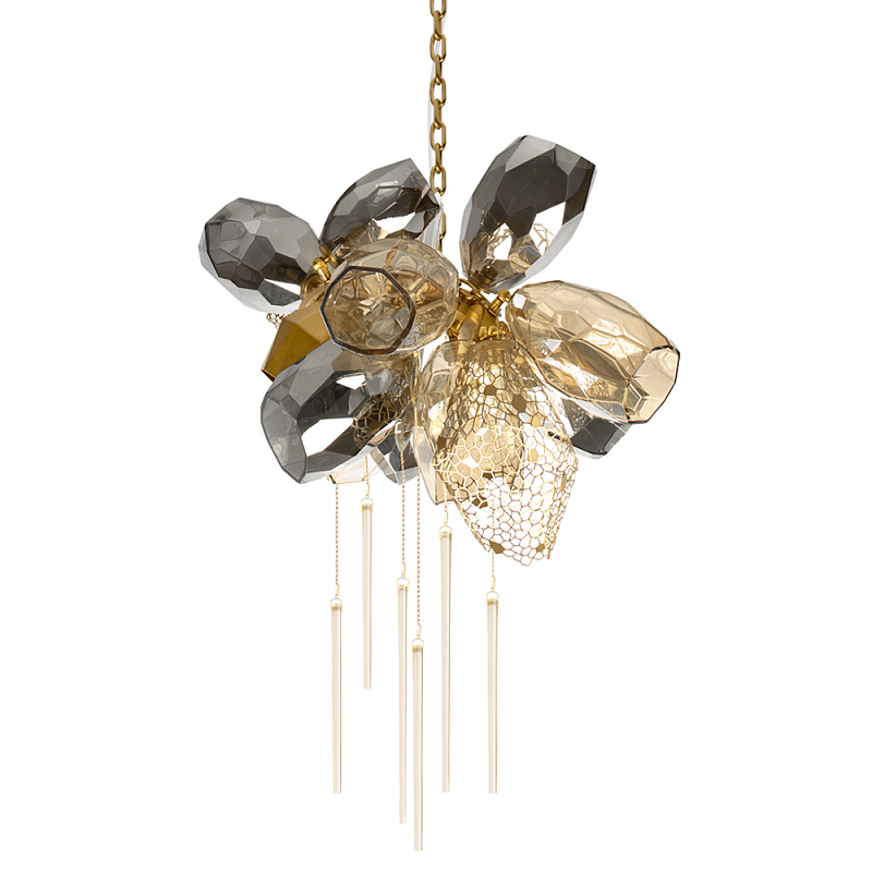 Люстра подвесная со стеклянными плафонами из дымчатого и золотистого с шестью вертикальными подвесками Gilded Mirage  Дымчатый (Smoke) Золотой Прозрачный в Твери | Loft Concept 