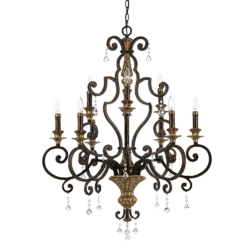 Люстра с подвесками из прозрачного стекла на кованом каркасе бронзового цвета в классическом стиле Quoizel Бронза Прозрачное Стекло Золотой в Твери | Loft Concept 