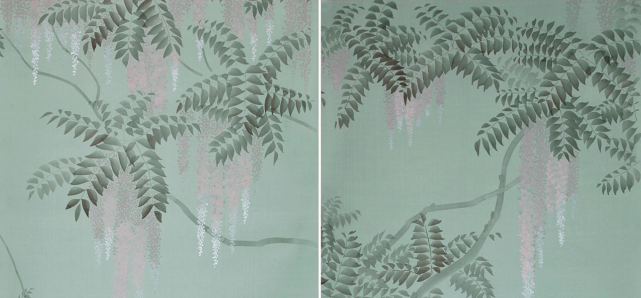 Обои в Японском стиле Wisteria Special Colourway on Blue Grey dyed silk Обои в Японском стиле Wisteria Special Colourway on Blue Grey dyed silk - Loft-Concept в Твери